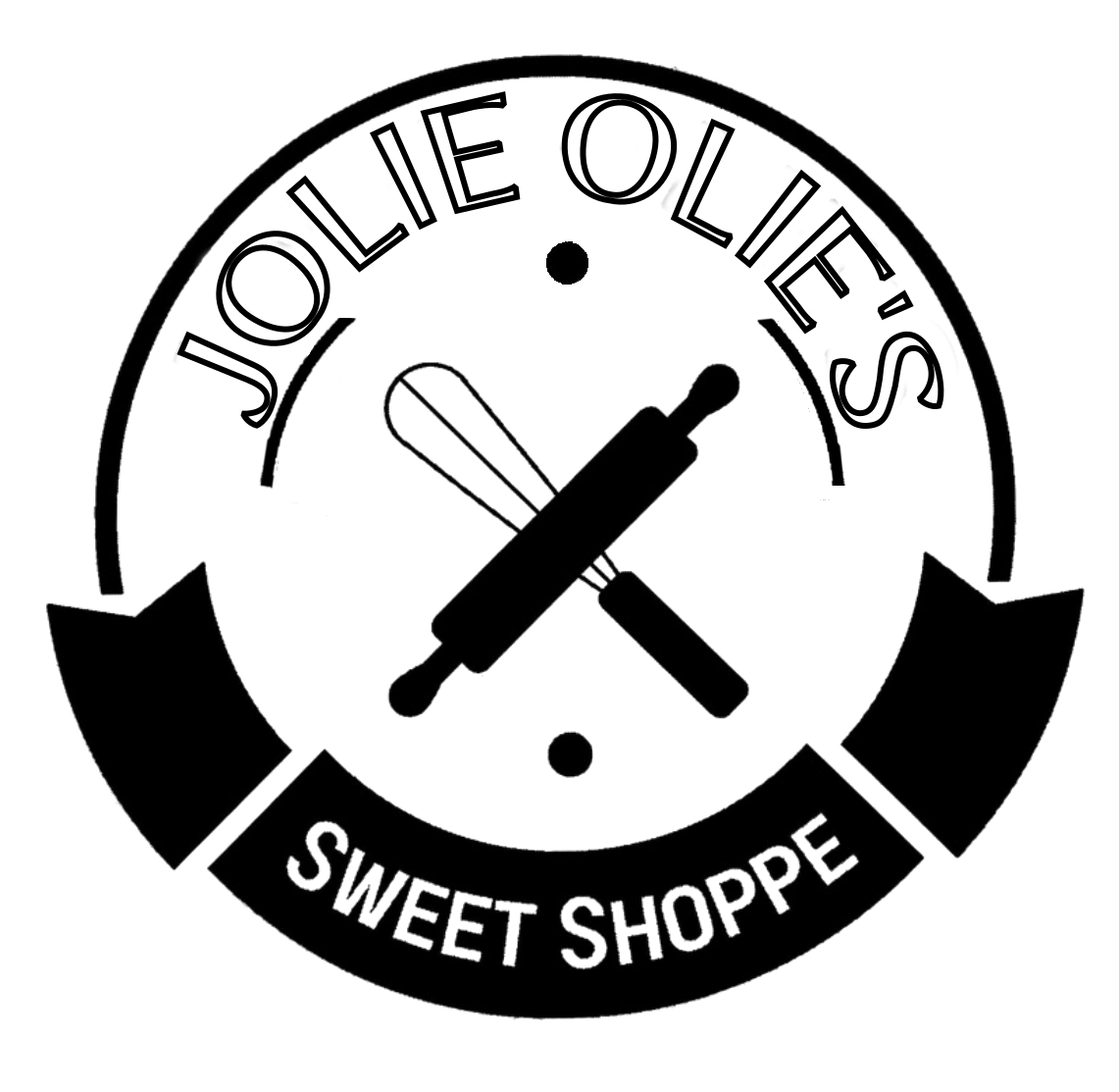 circular logo with wish and rolling pin that says Jolie Olie's Sweet Shoppe